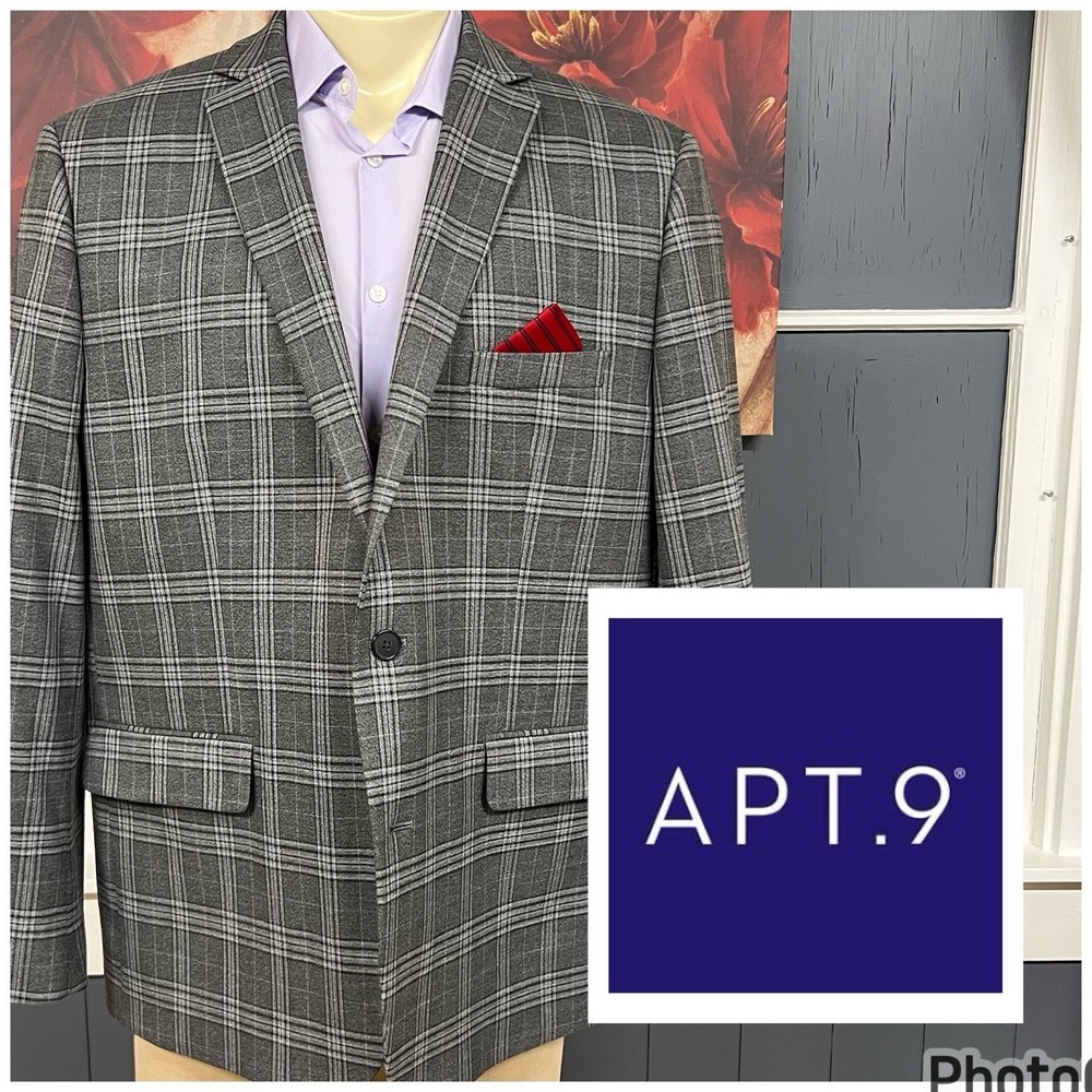 APT.9 Blazer Jacket Sport Coat Mens 48R Slim Fit Polyester Blend Stretch Gray